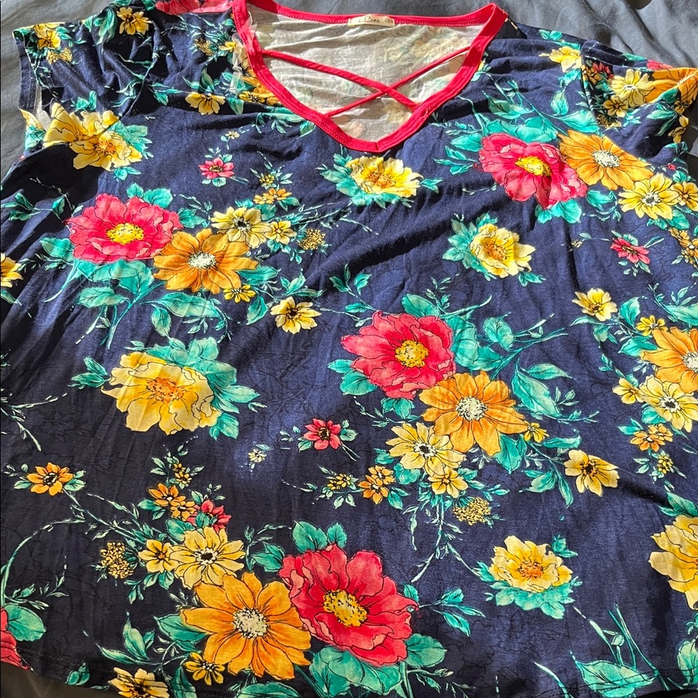 Floral Print Top with Red Trim